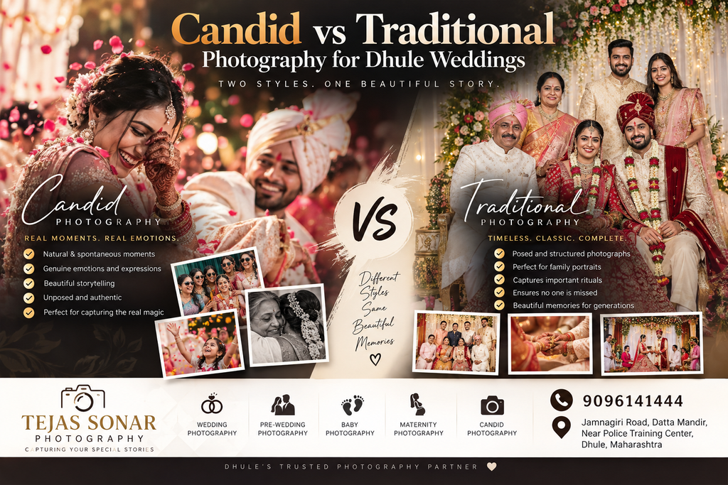 Candid vs Traditional Photography for Dhule Weddings

A wedding is one of the most important celebrations in a person's life. From the excitement of the engagement and haldi ceremony to the emotional wedding rituals, family gatherings, laughter, dancing, and unforgettable moments, every part of the celebration deserves to be remembered.